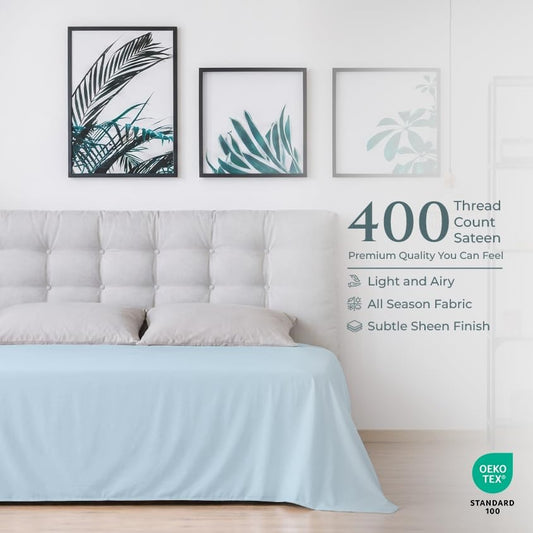 Royale Linens Queen Flat Sheet Only, Luxury Breathable Sateen Weave 100% Cotton Flat Sheets, Ultra Soft Single Flat Sheets Only Sold Separately, Cooling Top Sheet (Caribbean Blue-90x102)