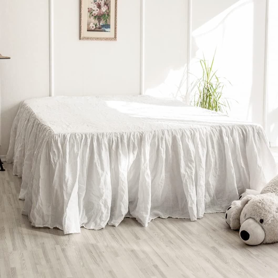 Simple&Opulence Belgian Linen Bed Skirt with Classic 14 inch Tailored Drop Dust Ruffle, Easy Fit Breathable Premium Natural Flax- Basic Linen, Queen