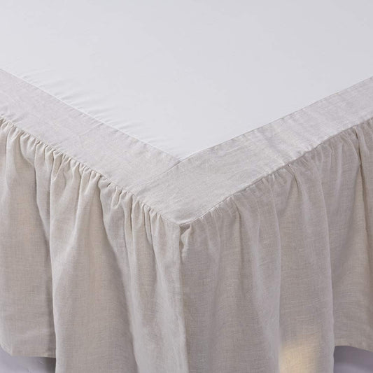 Meadow Park Washed French Linen Bed Skirt, Dust Ruffle, Queen Size 60" W x 80" L, Drop 16", Super Soft, Ruffle Style, Natural Linen Color.
