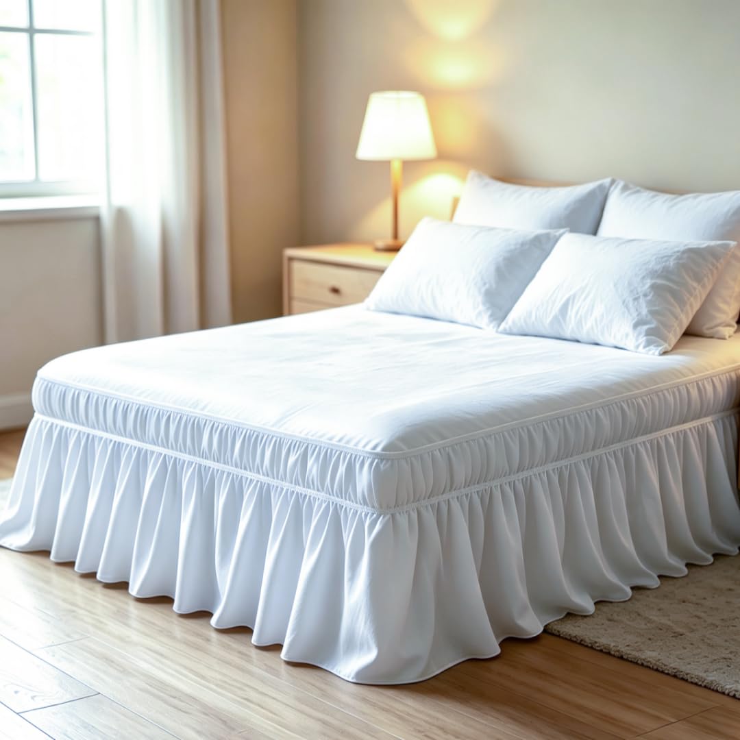 Juwenin Home Wrap Around Ruffle Bed Skirt, 16 Inch Drop, Elastic Fit, Wrinkle Resistant, Hotel Quality Bedskirt Dust Ruffle (White, Queen 16" Drop)