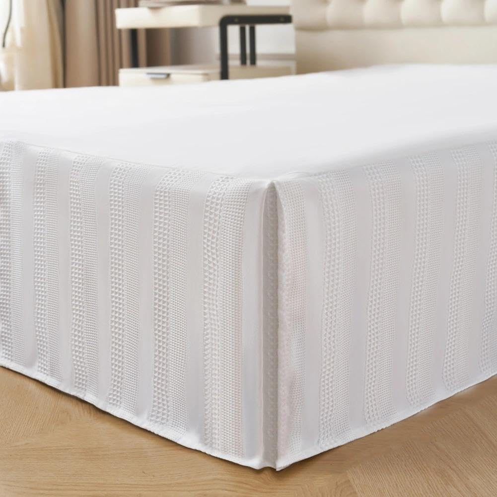 Queen Size Bed Skirt, Textured Geometric Stripe Pleated Bed Skirts, Ivory