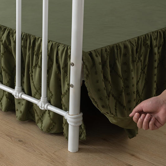Bed Skirt King Size Ruffled Bed Skirt with Split Corners, Olive Green
