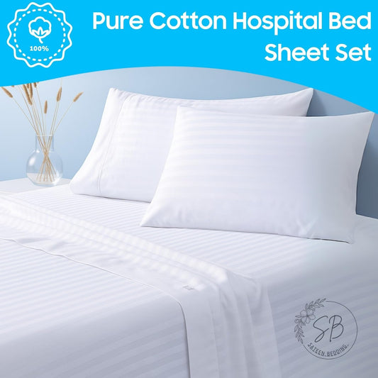 3 Piece Hospital Bed Sheet Set, 100% Egyptian Cotton 400 Thread Count, Soft and Comfy, Standard Size 36X80 Inch with 6 Inch Deep Pocket, White Stripe