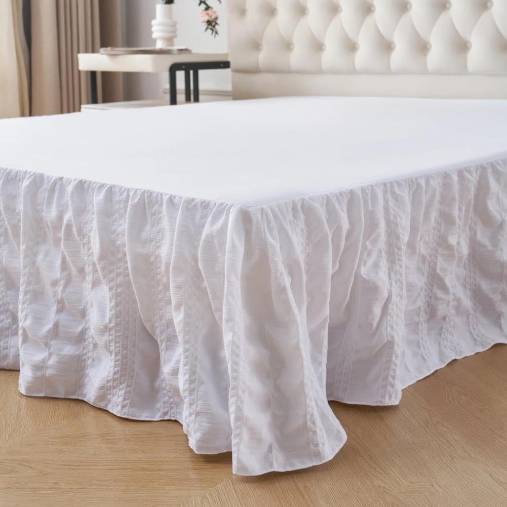 Full Bed Skirt, Crinkle Textured Stripe Bed Skirt with Platform, Ivory