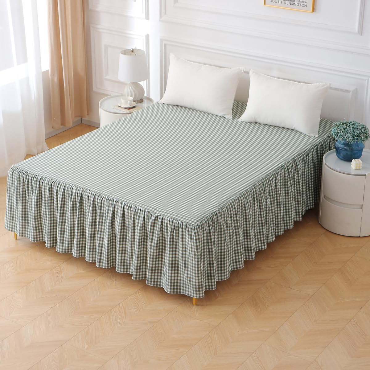 Silnuo Taupe/White Plaid Bed Skirt Gingham Dust Ruffle Queen Size 18"