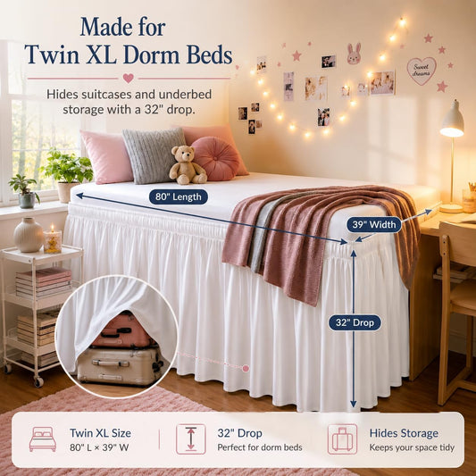 RIMELA Dorm Bed Skirt Twin XL 32 Inch Drop White Extra Long Dust Ruffle