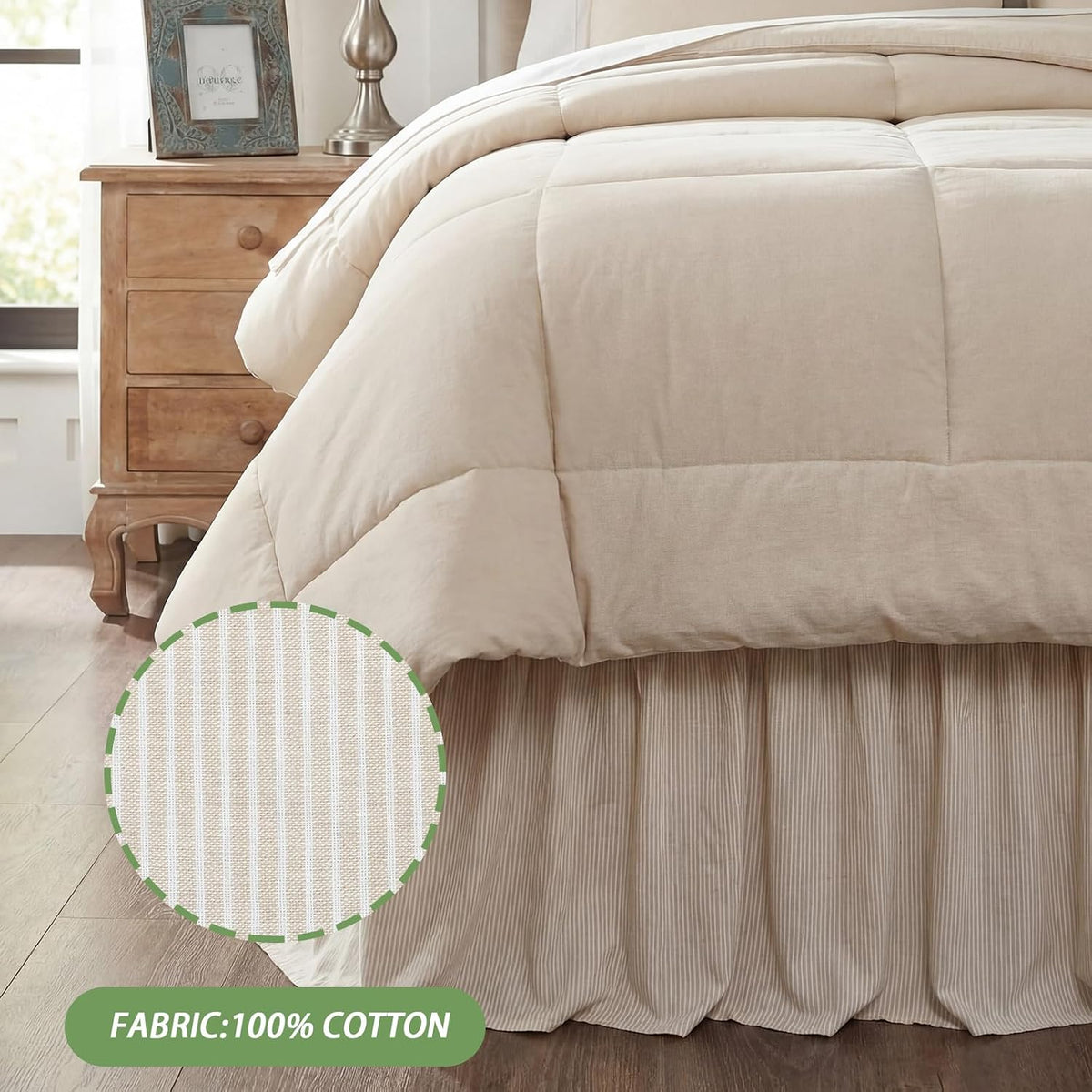 Tranqun Stripe Ruffled Bed Skirt Queen Size 16" Drop, Twin, Cream Ivory