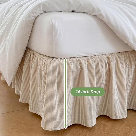 Tranqun Stripe Ruffled Bed Skirt Queen Size 16" Drop, Twin, Cream Ivory