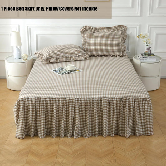 Silnuo Taupe/White Plaid Bed Skirt Gingham Dust Ruffle Queen Size 18"