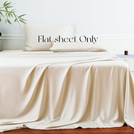 Bamboo Viscose Flat Sheets Only, 400 Thread Count Sateen Weave Twin Size Flat Sheet Only, Luxury Soft Cooling for Hot Sleepers, Silky Breathable (Beige, Twin)