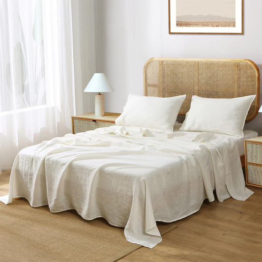 S VICTORY SYMBOL 100% Organic Linen Flat Sheet 1 Piece-Stone Washed French Flax Twin Size Bedding,Soft Flat Top Sheet Breathable(66"x96",Creamy White)