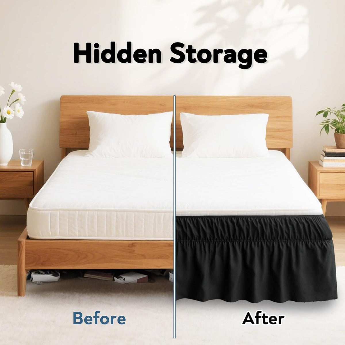 Queen Bed Skirt, Wrap Around Elastic Quadruple Pleated Bed Ruffle, Black