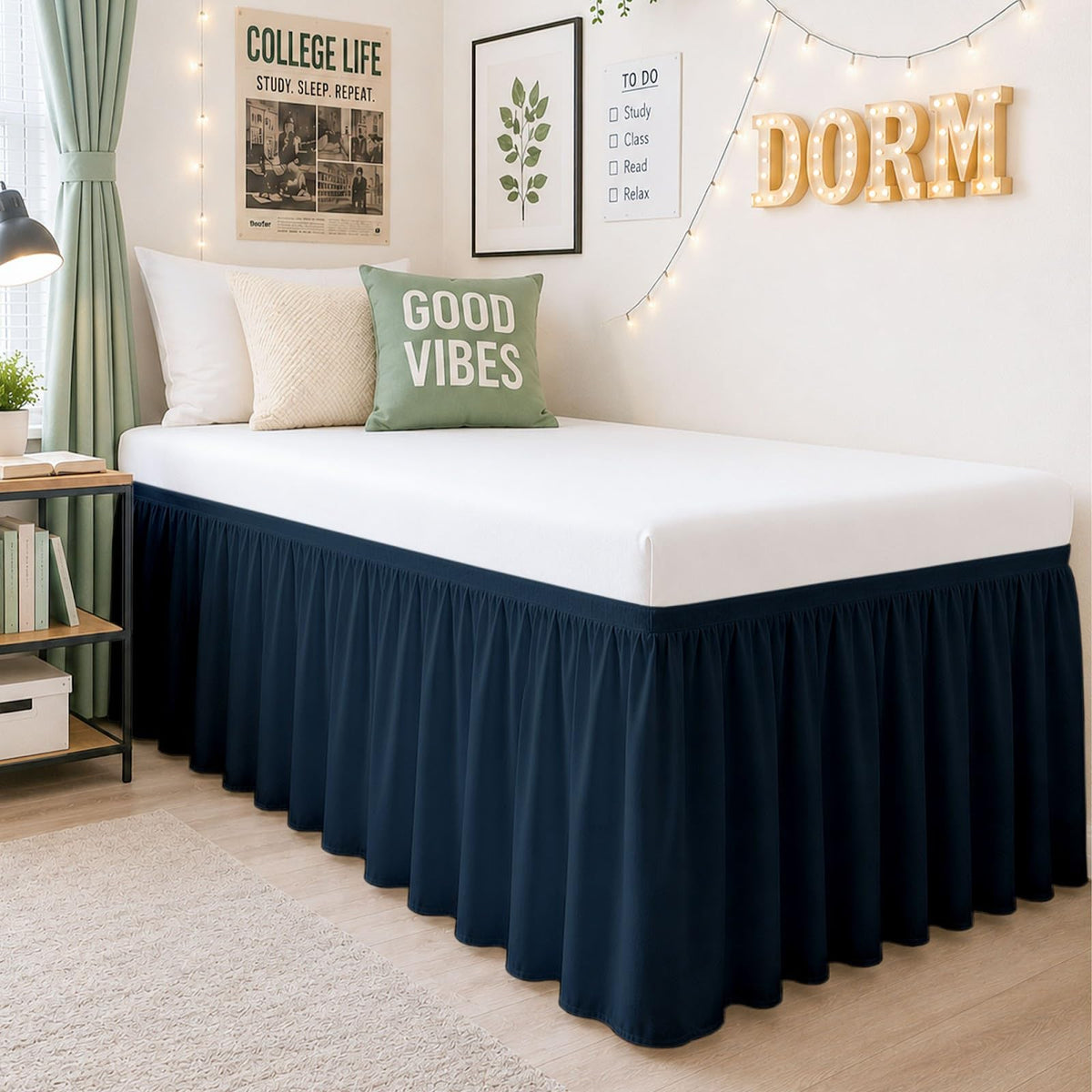 Cottington Lane Twin XL Dorm Bed Skirt 32 Inch Drop, Extended Ruffled College Dorm Bed Skirt, Wrap Around Dust Ruffle, Premium Brushed Microfiber Extra Long Bed Skirt for Twin XL Dorm Beds, White