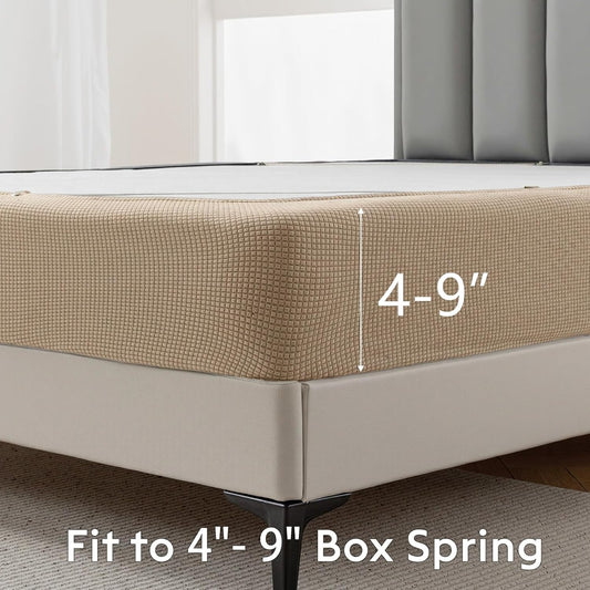 MIYE Jacquard Fabric Box Spring Cover,Super Stretchy Wrap Around 4 Sides Elastic Bed Skirt,Wrinkle & Fading Resistant,Washable & Easy Fit. (Cream, Queen)
