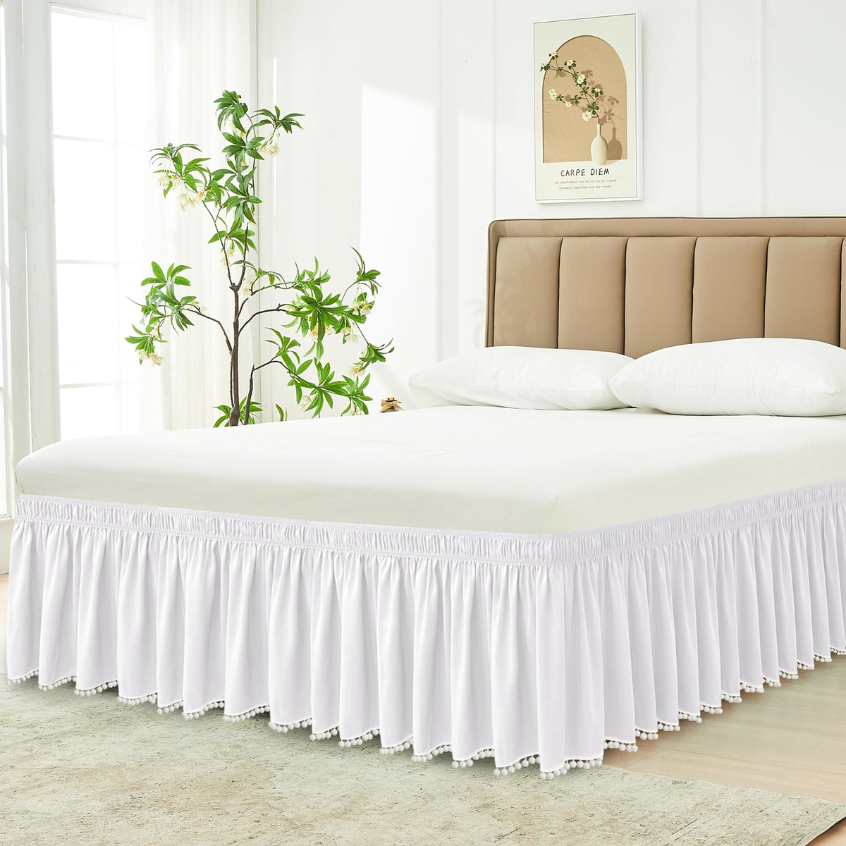 Wrap Around Queen Size Bed Skirt 15" Drop-Elastic Dust Ruffle Light Camel