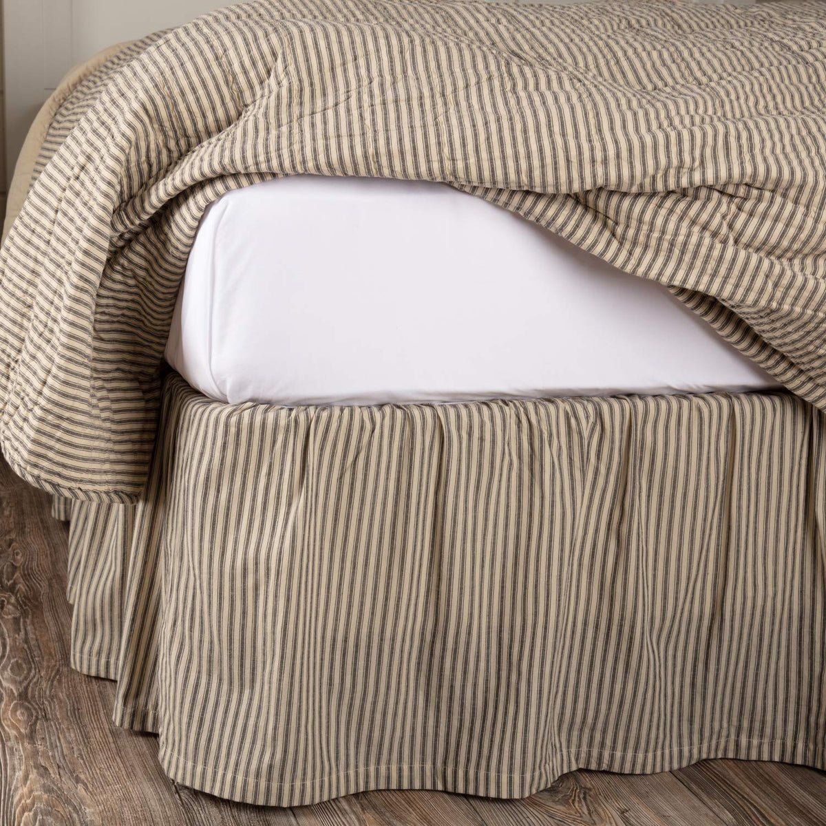 VHC Brands Sawyer Mill Ticking Striped Cotton Farmhouse Split Corners Gathered King Bed Skirt, 78x80x16, Charcoal Dark Creme White