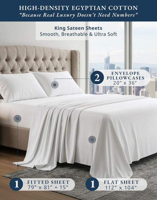 LANE LINEN 100% Egyptian Cotton Sheets King Size Silky Sateen Weave - White