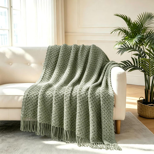 CREVENT Farmhouse Boho Knitted Throw Blanket for Couch Sofa Chair Bed Home Decoration, Soft Warm Cozy Light Weight for Spring Summer Fall (50''X60'' Sage Green)