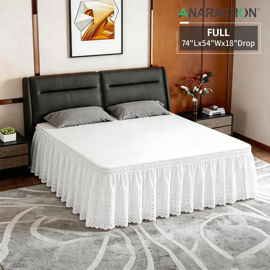 ANARACHON Full Bed Skirt, Wrap-Around Elastic Ruffled Eyelet Bed Skirt Full Size Dust Ruffle with Gathered Styling and Embroidered Details, 18" Drop Length (White)