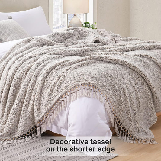 Ultra Soft Fleece Sherpa Blanket King Size,Lightweight Cozy Boho Bed Blanket with Decorative Tassel, Pattern Reversible, 2 Tones Ombre Light Brown,104”x90”