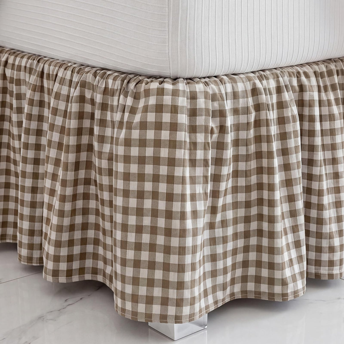 Taupe Gingham Bed Skirt Queen Size 16" Drop Pleated