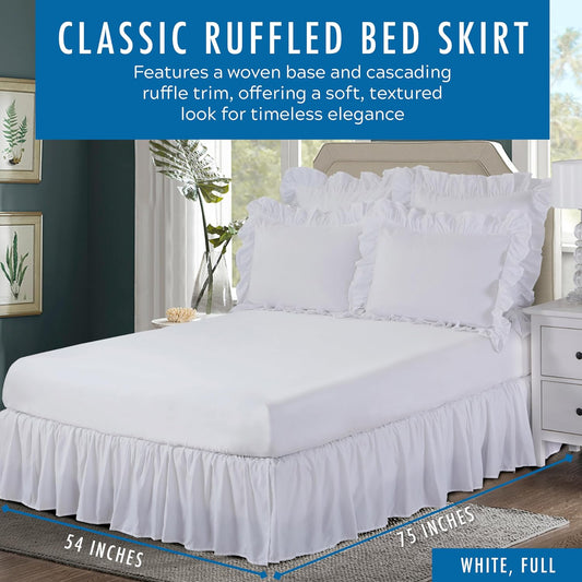 FRESH IDEAS Ideas Bedding Ruffled Bed Skirt, Classic 14” Drop Length, Gathered Styling, Full, White FRE30114WHIT02