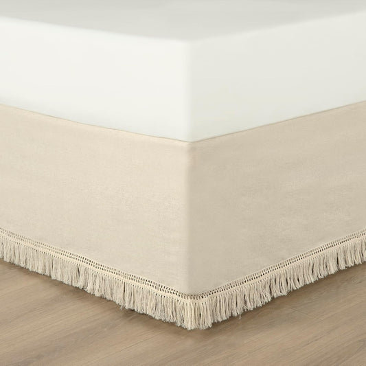 Lush Decor Boho Fringe 15-Inch Tailored Drop Easy Fit Bed Skirt King Size Single 78" W x 80" L +15" Neutral - King Bed Skirt - Wrap Around Bed Skirt