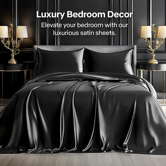 BEDELITE Satin Sheets Queen Size Bed Set, Black, 4 Pieces