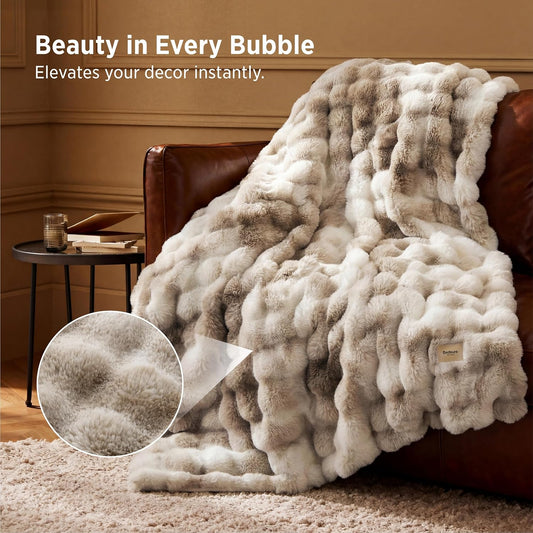 Bedsure Fluffy Bubble Faux Fur Throw XL Blanket, 50"x70", Tie-dye Taupe