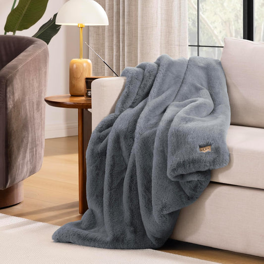 UGG Euphoria Throw Blanket, Plush Faux Fur Blanket, 50" x 70", Grey Blue