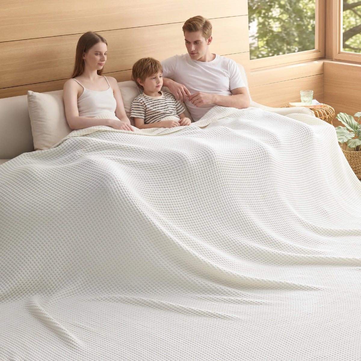 Bedsure Lightweight 100% Cotton Waffle Blanket, Queen, Linen