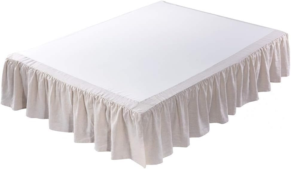 Meadow Park Washed French Linen Bed Skirt, Dust Ruffle, Queen Size 60" W x 80" L, Drop 16", Super Soft, Ruffle Style, Natural Linen Color.