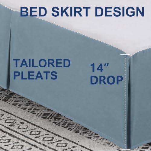 Cathay Home Queen Bed Skirt, 14" Drop Dust Ruffle, Blue Fog