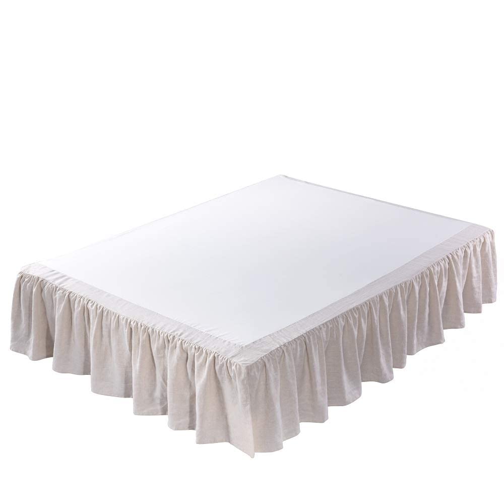Meadow Park Washed French Linen Bed Skirt, Dust Ruffle, Queen Size 60" W x 80" L, Drop 16", Super Soft, Ruffle Style, Natural Linen Color.