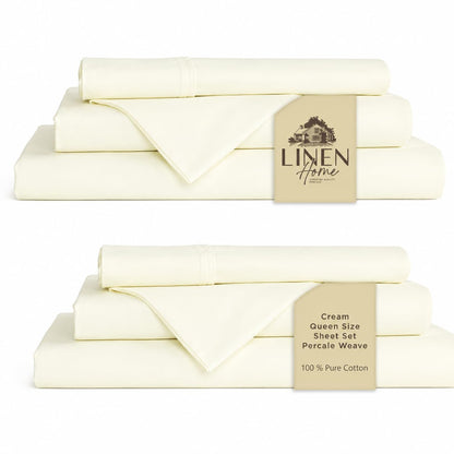 Linen Home 100% Cotton Percale Sheets Queen Size 4 Pc Cooling Set - White