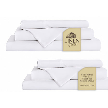 Linen Home 100% Cotton Percale Sheets Queen Size 4 Pc Cooling Set - White