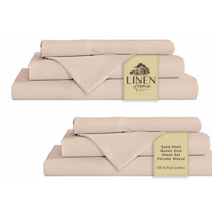 Linen Home 100% Cotton Percale Sheets Queen Size 4 Pc Cooling Set - White