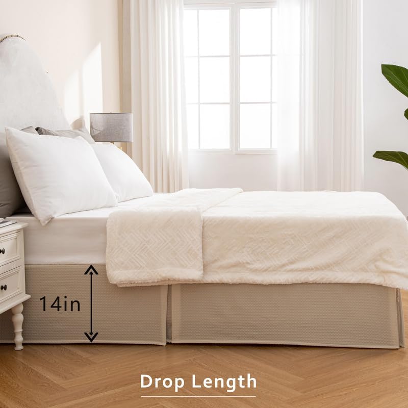 MIYE Pleated Waffle Weave Bed Skirt, Tailored Dust Ruffle 14 Inch Drop Easy Fit, Machine Washable,No Split Corners (Beige, King - 14" Drop)