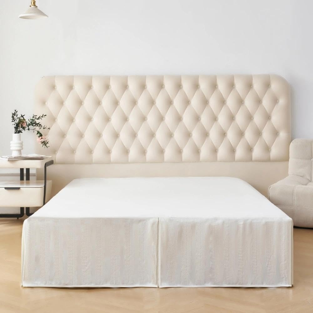 Queen Size Bed Skirt, Textured Geometric Stripe Pleated Bed Skirts, Ivory