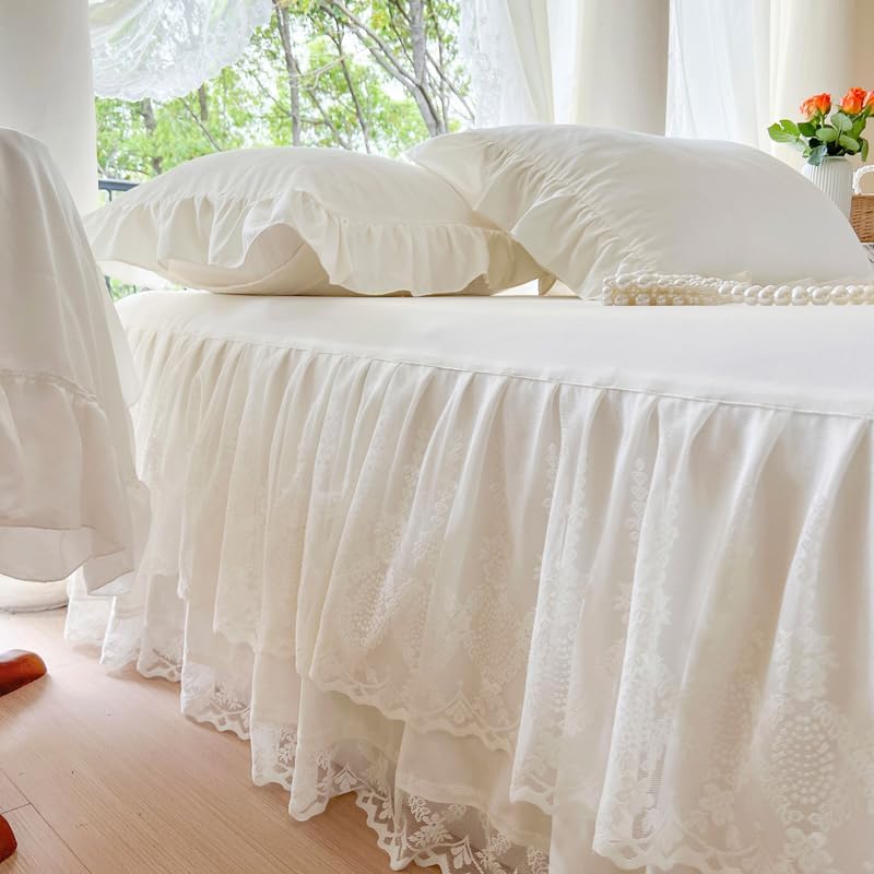 Lace Bed Skirt & Bedsheet Queen Size - 17 in. Drop, Easy Fit Ruffled Bedskirt Wrap Around Bedcover, Anti Wrinkle & Fade