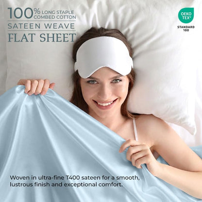 Royale Linens Queen Flat Sheet Only, Luxury Breathable Sateen Weave 100% Cotton Flat Sheets, Ultra Soft Single Flat Sheets Only Sold Separately, Cooling Top Sheet (Caribbean Blue-90x102)