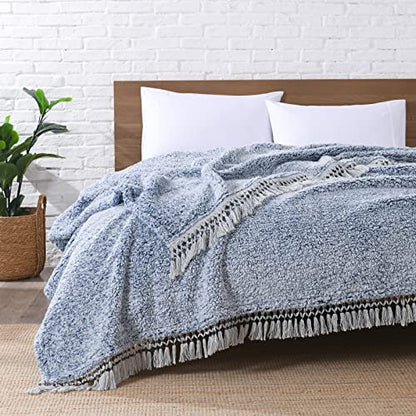 Ultra Soft Fleece Sherpa Blanket King Size,Lightweight Cozy Boho Bed Blanket with Decorative Tassel, Pattern Reversible, 2 Tones Ombre Light Brown,104”x90”