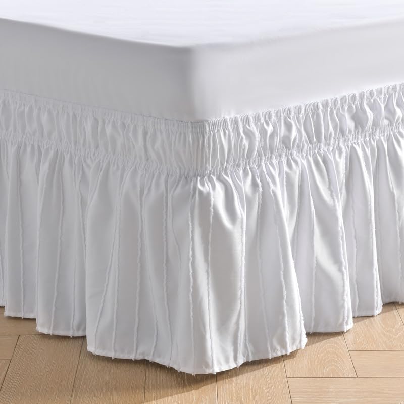 MIYE Wrap Around Ruffled Lace Bed Skirt, Elastic Dust Ruffle with Adjustable Belts, Easy to Put On, Bed Frame Cover, Machine Washable (Floral Lace/White, King/Queen-15 Drop)