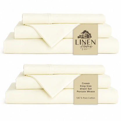 Linen Home 100% Cotton Percale Sheets Queen Size 4 Pc Cooling Set - White