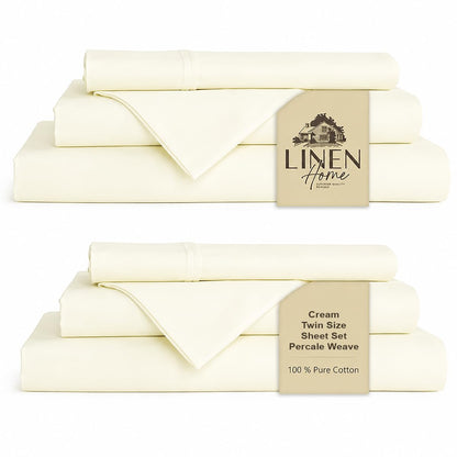 Linen Home 100% Cotton Percale Sheets Queen Size 4 Pc Cooling Set - White