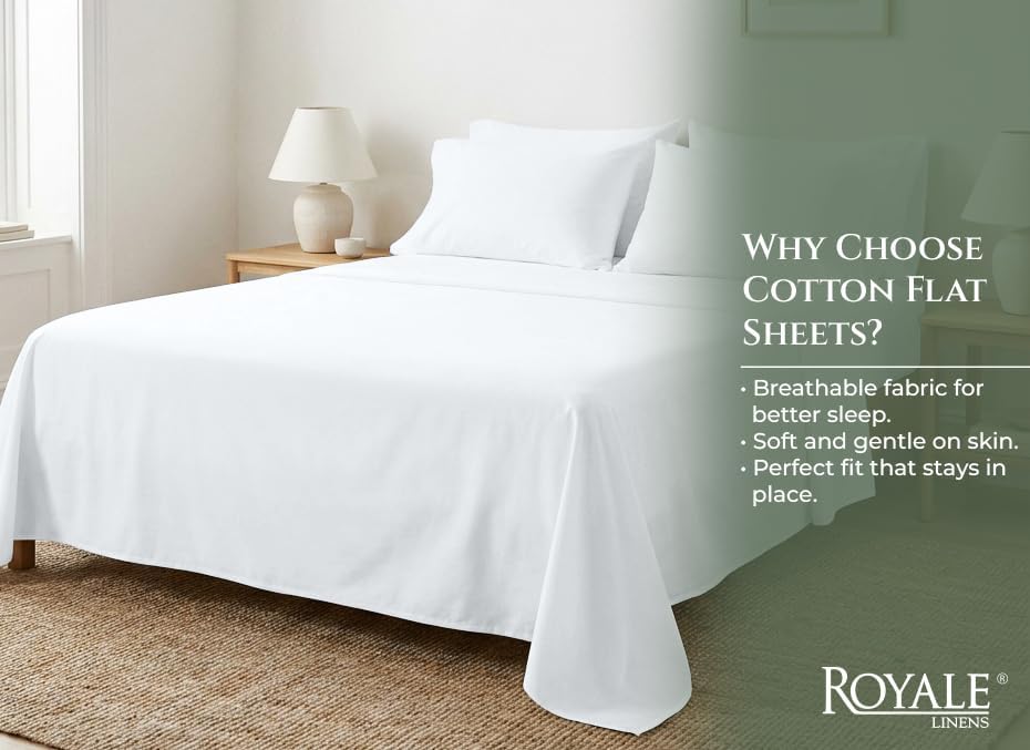 Royale Linens 100% Organic Cotton Full Size Flat Sheet Only - Percale Top Sheets - Full Flat Sheet Sold Separately - Lightweight & Super Soft 100% Cotton White Bed Sheets Only (81" x 96", White)