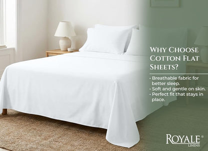 Royale Linens 100% Organic Cotton Full Size Flat Sheet Only - Percale Top Sheets - Full Flat Sheet Sold Separately - Lightweight & Super Soft 100% Cotton White Bed Sheets Only (81" x 96", White)