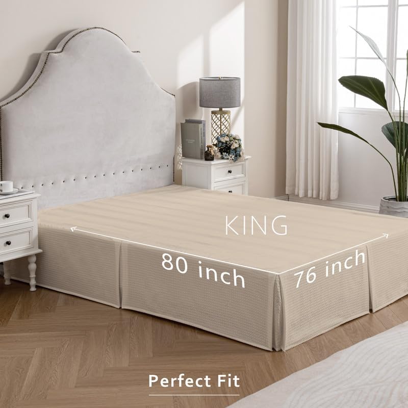 MIYE Pleated Waffle Weave Bed Skirt, Tailored Dust Ruffle 14 Inch Drop Easy Fit, Machine Washable,No Split Corners (Beige, King - 14" Drop)