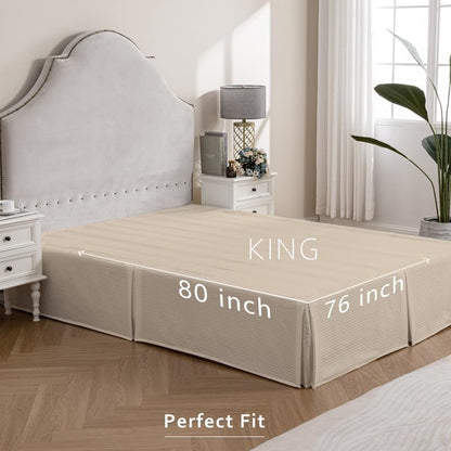 MIYE Pleated Waffle Weave Bed Skirt, Tailored Dust Ruffle 14 Inch Drop Easy Fit, Machine Washable,No Split Corners (Beige, King - 14" Drop)