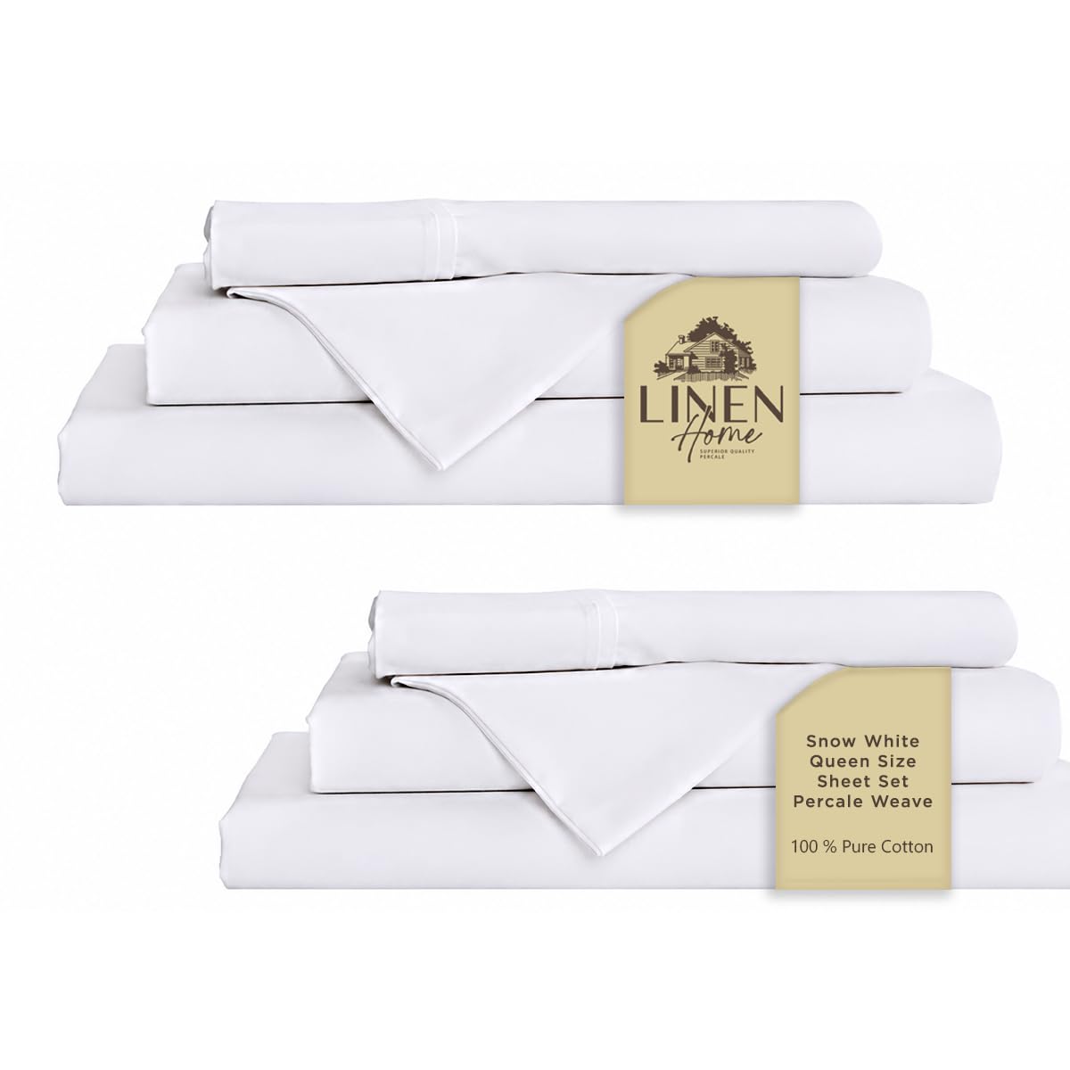 Linen Home 100% Cotton Percale Sheets Queen Size 4 Pc Cooling Set - White